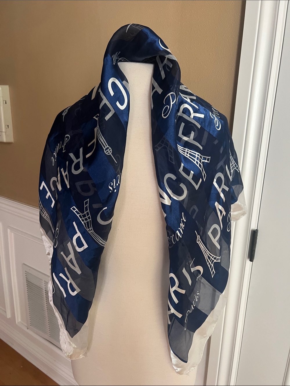 Blue Paris Print Silk-Feel Scarf - Unbranded